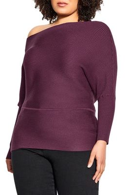 City Chic One-Shoulder Rib Sweater in Plum
