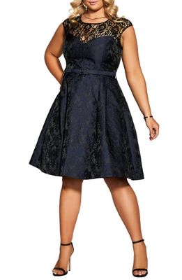 City Chic Ornate Lace Yoke Jacquard Fit & Flare Dress in Black