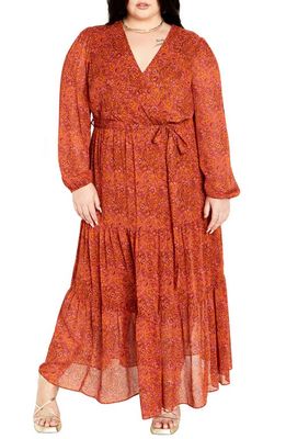 City Chic Print Long Sleeve Tiered Faux Wrap Maxi Dress in Retro Paisley