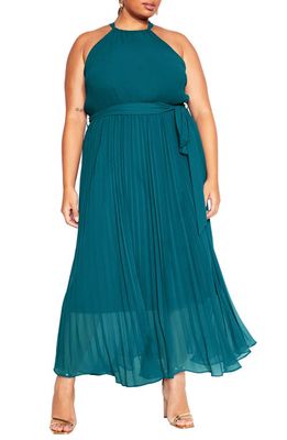 City Chic Rebecca Halter Neck Pleated Chiffon Maxi Dress in Teal