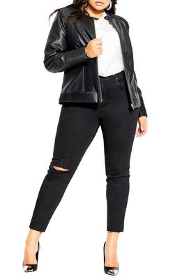 City Chic Ribbed Faux Leather Biker Jacket in Black