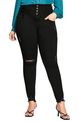 City Chic Rip Vibes Distressed High Waist Ankle Skinny Jeans in Black Wash