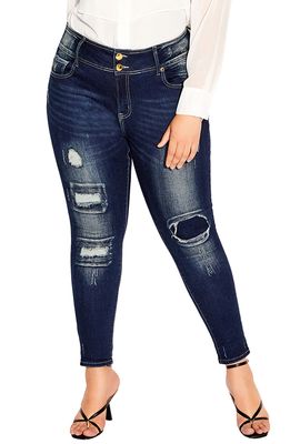 City Chic Ripped Distressed Skinny Jeans in Denim Mid