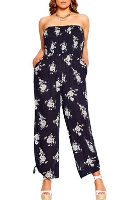 City Chic Rose Love Strapless Jumpsuit in Navy Rose Love