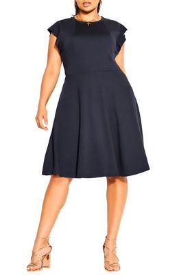 City Chic Ruffle Shoulder Dress in Navy