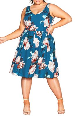 City Chic Sandra Floral A-Line Dress in Teal Camilla Fl