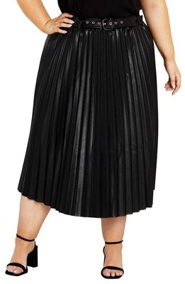 City Chic Saskia Belted Pleated Faux Leather Skirt in Black