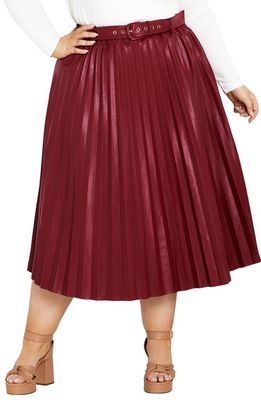 City Chic Saskia Belted Pleated Faux Leather Skirt in Cabernet