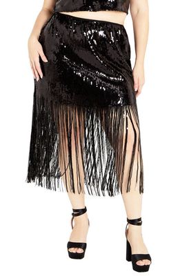 City Chic Savanna Sequin Fringe Skirt in Black