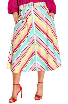 City Chic Sevyn Stripe Belted Midi Skirt in Blue Stripe Delight
