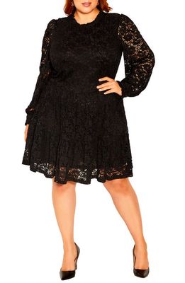 City Chic Sheer Long Sleeve Lace Dress in Black