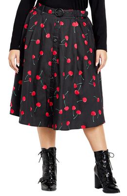City Chic Siena Belted High Waist Button Front Midi Skirt in Black Cherry Prt