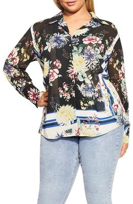 City Chic Sophia Floral Long Sleeve Button-Up Blouse in Black Festival B
