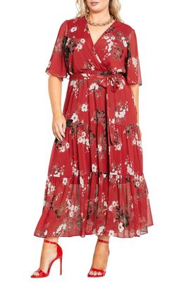 City Chic Stephanie Print Faux Wrap Dress in Red Cora Rose