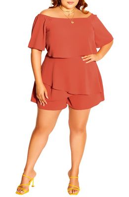 City Chic Sweet Love Tiered Off the Shoulder Romper in Koi