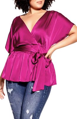 City Chic Tangled Satin Faux Wrap Top in Cerise
