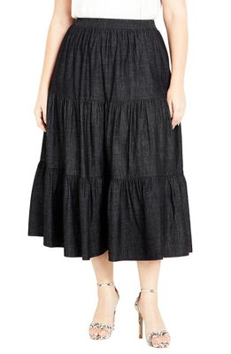 City Chic Tiered Denim Midi Skirt in Black