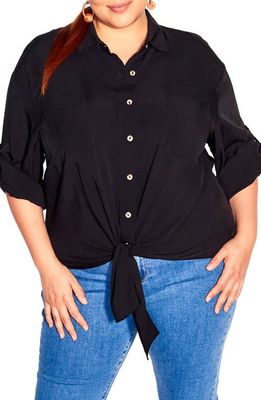 City Chic Tropical Tie Hem Button-Up Shirt in Black
