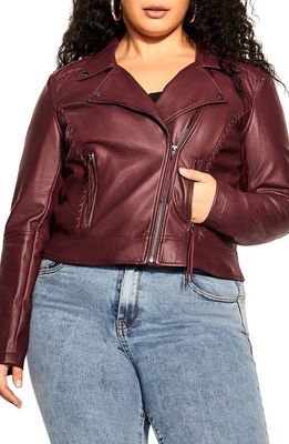 City Chic Whipstitch Faux Leather Biker Jacket in Port