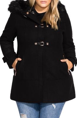 City Chic Wonderwall Coat with Faux Fur Collar in Black