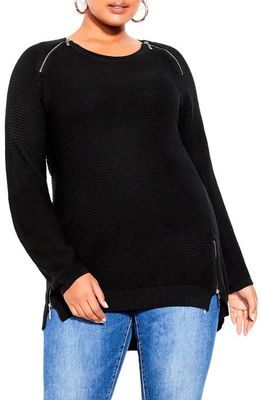 City Chic Zip Detail Ottoman Rib Sweater in Black