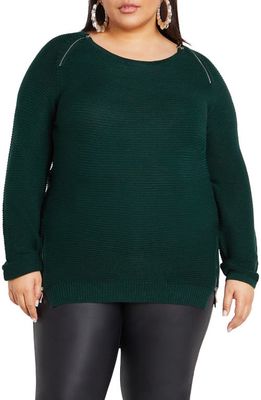 City Chic Zipper Accent High-Low Crewneck Sweater in Emerald