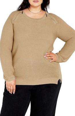 City Chic Zipper Accent High-Low Crewneck Sweater in Latte