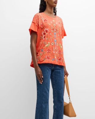 Clara Floral-Embroidered Cotton Swing Tee