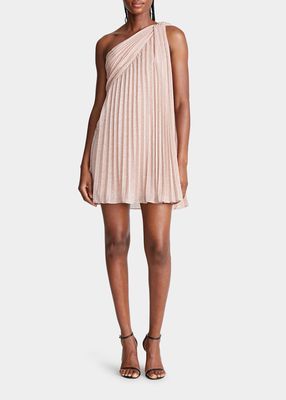 Clare Pleated One-Shoulder Shimmer Mini Dress