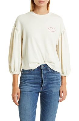 Clare V. Embroidered Detail Balloon Sleeve Cotton Tee in Cream W/Poppy Lips