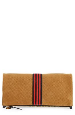 Clare V. Perforated Suede Foldover Clutch in Camel