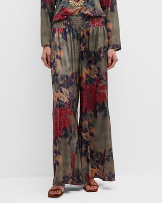 Claret Rachel Floral-Print Wide-Leg Pull-On Silk Pants