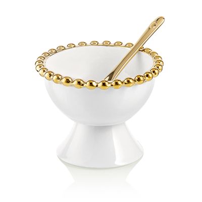 Classic Touch Porcelain White Dessert Cups with Gold Beaded Design in White/Gold