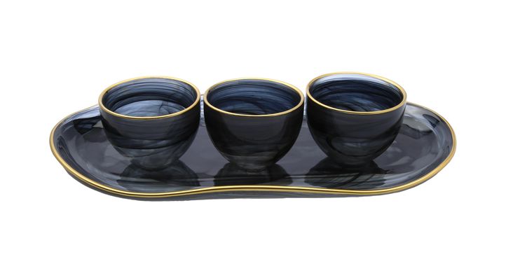 Classic Touch Set of 3 Bowls with Tray-Black Alabaster with Gold Trim-Tray in Black/Gold