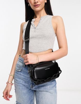 Claudia Canova camera box bag with tonal chain and cross body strap in black