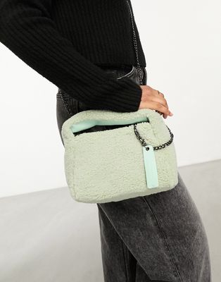 Claudia Canova mini grab bag with cross body strap in mint faux fur-Green