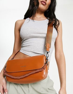 Claudia Canova rectangular flap top cross body bag with rope detail handle in tan-Brown