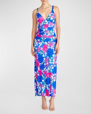 Claudia Pleated Floral-Print Jersey Maxi Dress