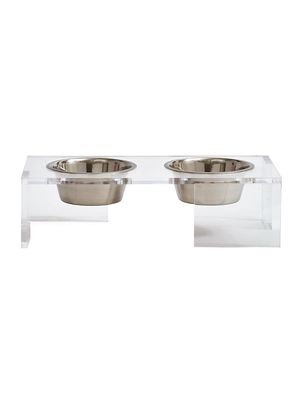 Clear Panel Double Pet Bowl Feeder - Silver - Silver