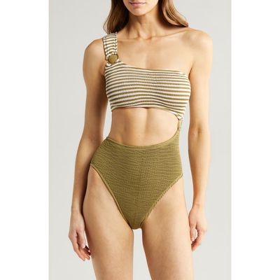 CLEONIE Cutout One-Shoulder One-Piece Swimsuit in Moss/Moss Stripe