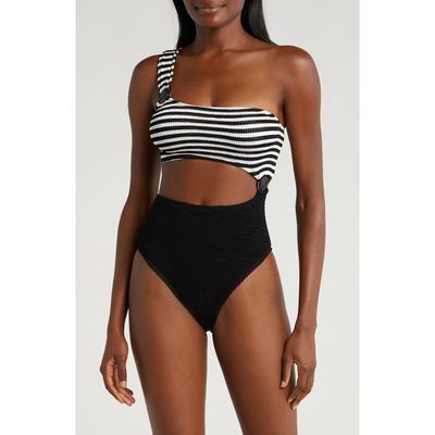 CLEONIE Cutout One-Shoulder One-Piece Swimsuit in Noir Stripe/Noir 