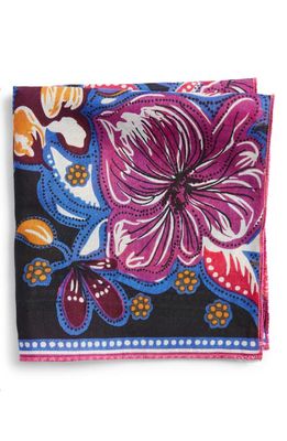 CLIFTON WILSON Purple Floral Cotton Pocket Square in Navy/Purple
