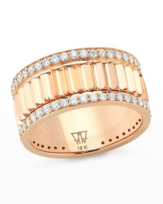 Clive Rose Gold Narrow Fluted Band Ring with Diamonds Rails