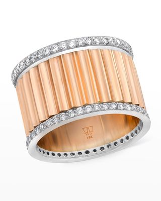 Clive Rose Gold Wide Fluted Band Ring with White Gold and Diamonds