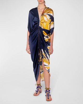 Cloister Floral-Print Ruched Midi Silk Dress
