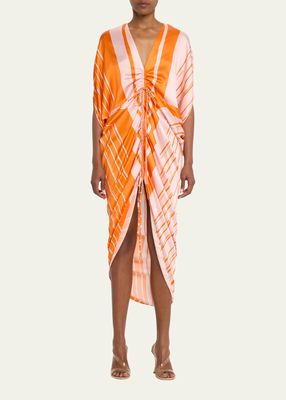 Cloister Stripe-Print Ruched Midi Silk Dress