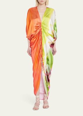 Cloister Watercolor-Print Ruched Midi Silk Dress
