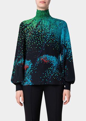 Close-Up Butterfly Wing-Print Silk Blouse