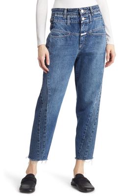 Closed Curved-X Double Button Raw Hem Tapered Jeans in Mid Blue