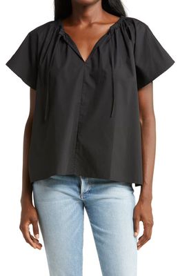 Closed Gathered Tie Neck Organic Cotton Top in Black